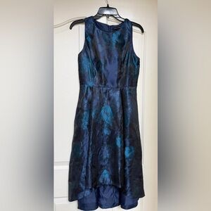 EUC White House Black Market High Low Teal Navy Blue Fit Flare Dress,2, Like New
